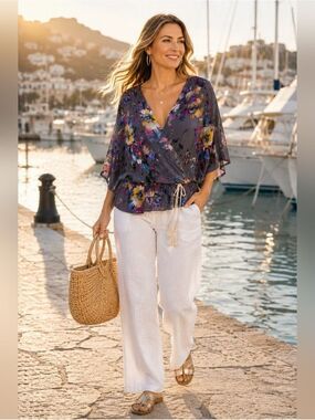 Umgee Floral Watercolor Wrap Blouse Boho Romantic Boutique Top Feminine Luxe Lg